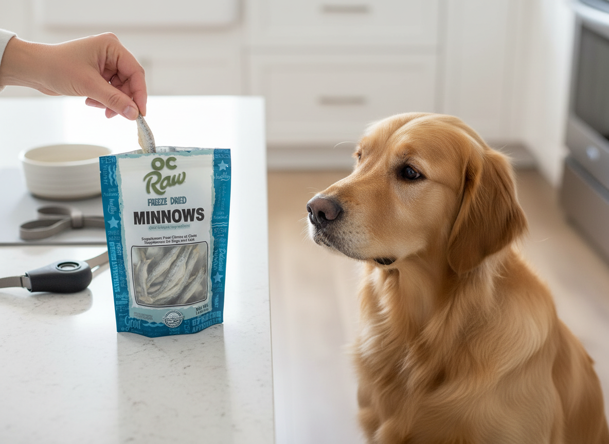 Golden retriever watches eagerly as a hand pulls a minnow from the OC Raw Minnows Freeze Dried Dog Treats bag.