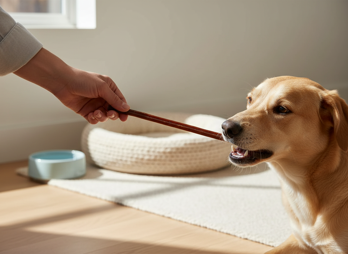Hand holding a Grass-Fed Beef Bully Stick for a golden dog. Dog bed and water bowl are visible in the background.