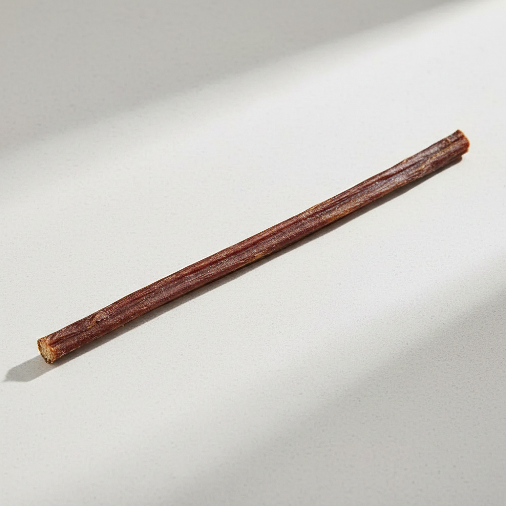 A single Home Range All-Natural Bully Stick, brown and long, lying diagonally on a light gray surface with shadows.