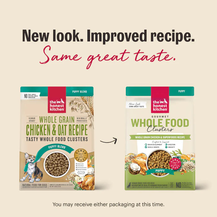 The Honest Kitchen Whole Grain Chicken & Oat Recipe Puppy Food Clusters in old and new packaging.