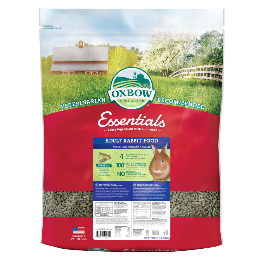 25 lb bag of Oxbow Essentials Adult Rabbit Food with a picture of a rabbit and farm landscape.
