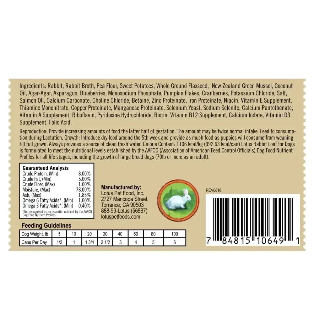 Lotus Rabbit Loaf Grain - Free Canned Dog Food,12/12.5oz - Talis Us