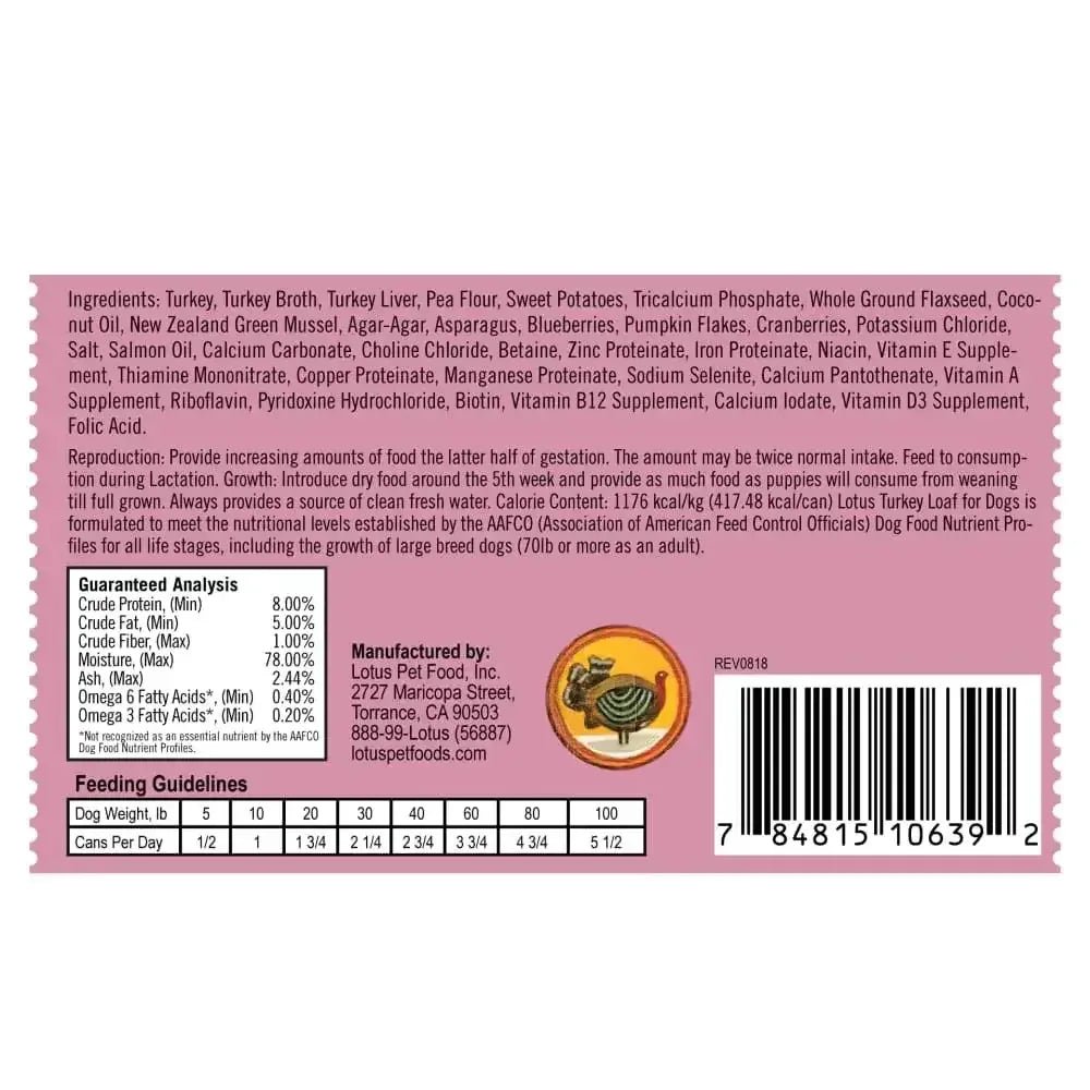 Lotus Turkey Loaf Grain - Free Canned Dog Food 12/12.5oz - Talis Us