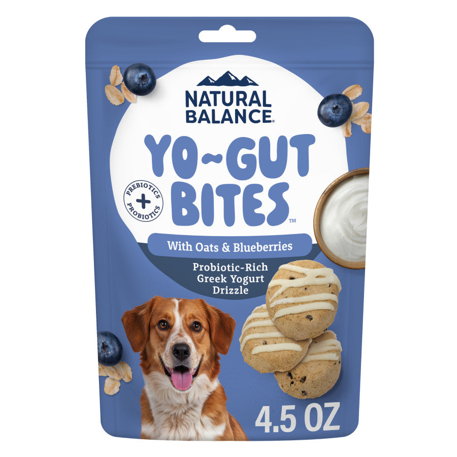 Blueberry and oat dog treats with probiotic-rich yogurt drizzle in resealable Natural Balance packaging