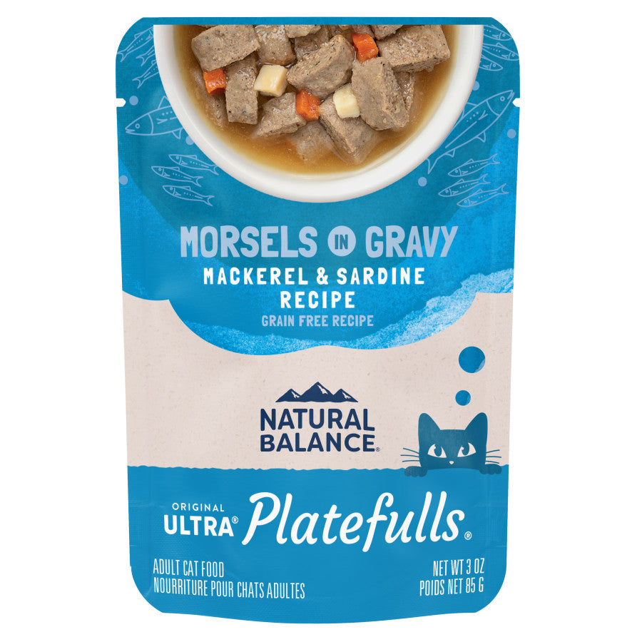 Natural Balance Platefulls Mackerel & Sardine Recipe in Gravy 3 oz pouch for adult cats.