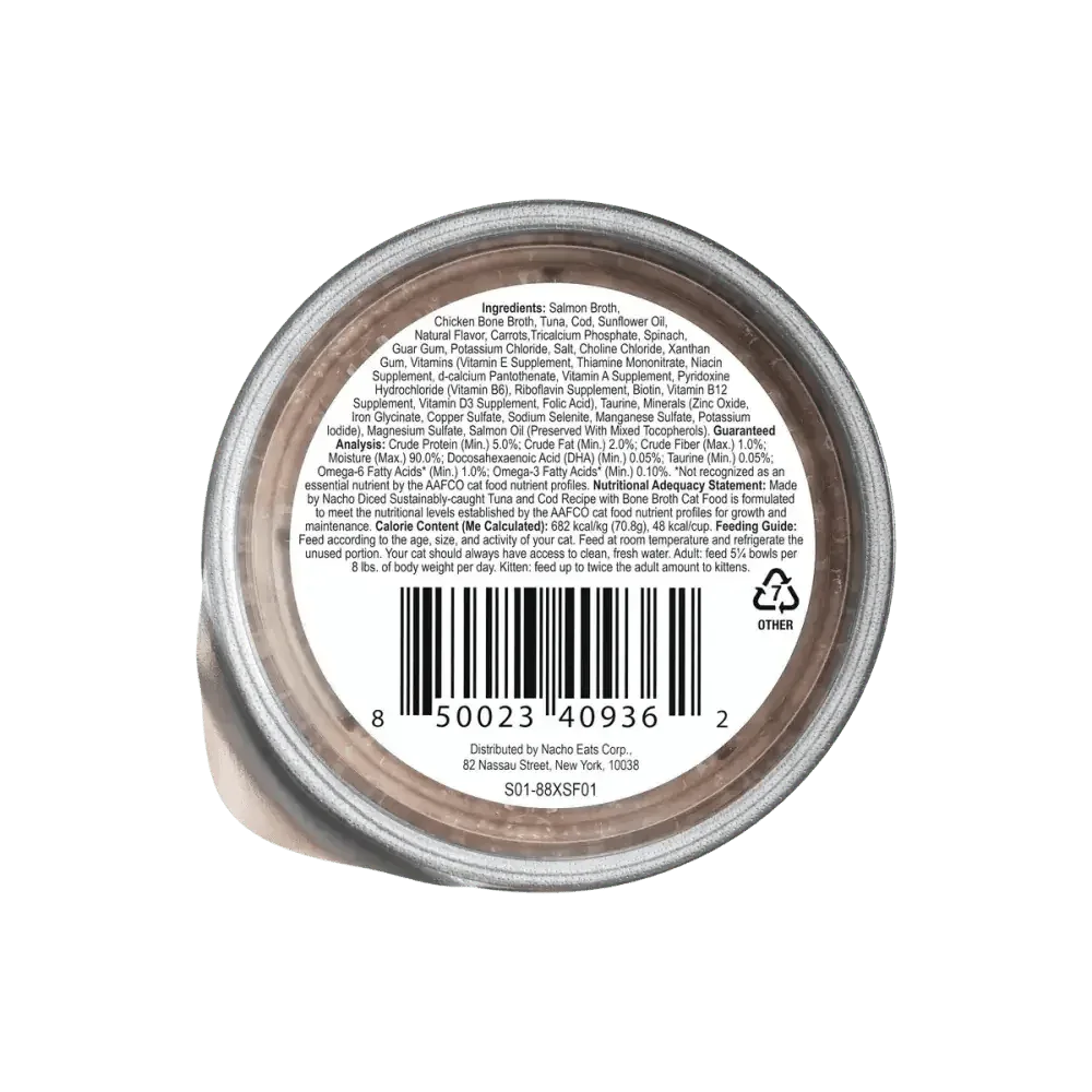 Made by Nacho Sustainably Caught Diced Tuna & Cod Recipe With Bone Broth Grain - Free Wet Cat Food 10 / 2.5 oz - Talis Us