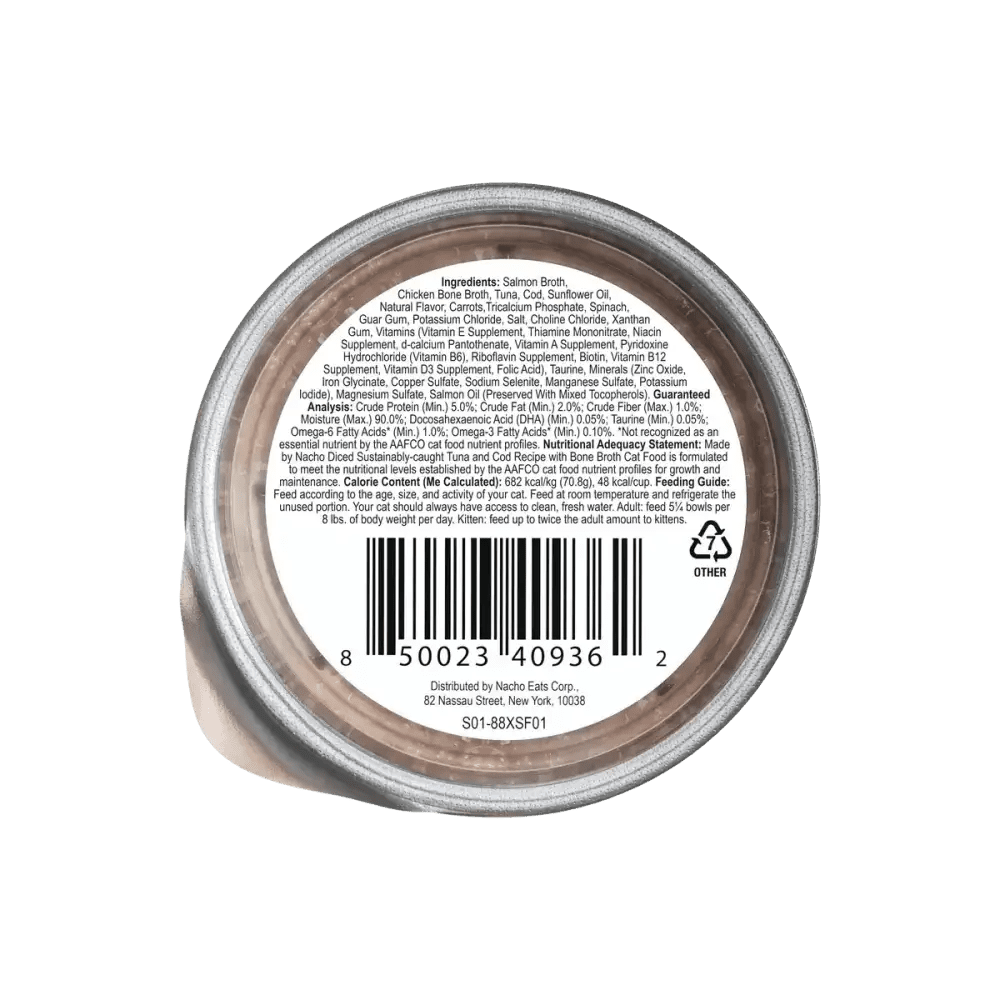 Made by Nacho Sustainably Caught Diced Tuna & Cod Recipe With Bone Broth Grain - Free Wet Cat Food 10 / 2.5 oz - Talis Us