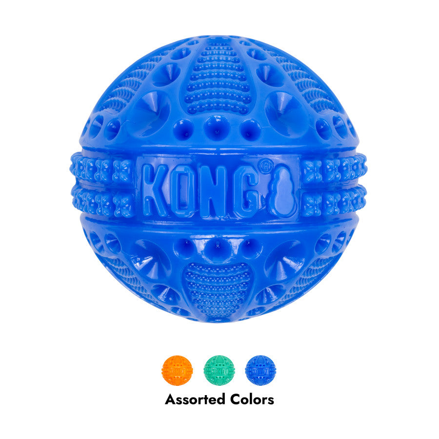 KONG Corestrength Ball Dog Toy in blue, featuring textured surface for grip and play, with assorted color options below.