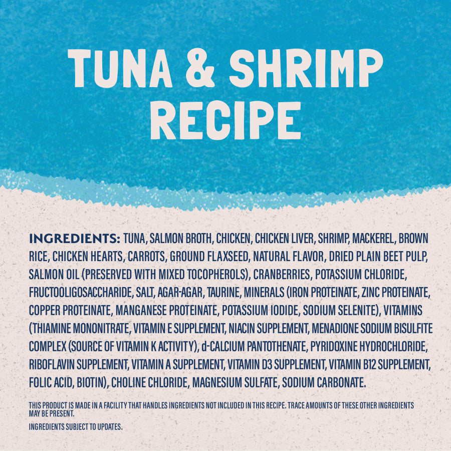 Natural Balance Ultra Premium Wet Cat Food Tuna & Shrimp Recipe ingredient list featuring real tuna, salmon broth, and shrimp.