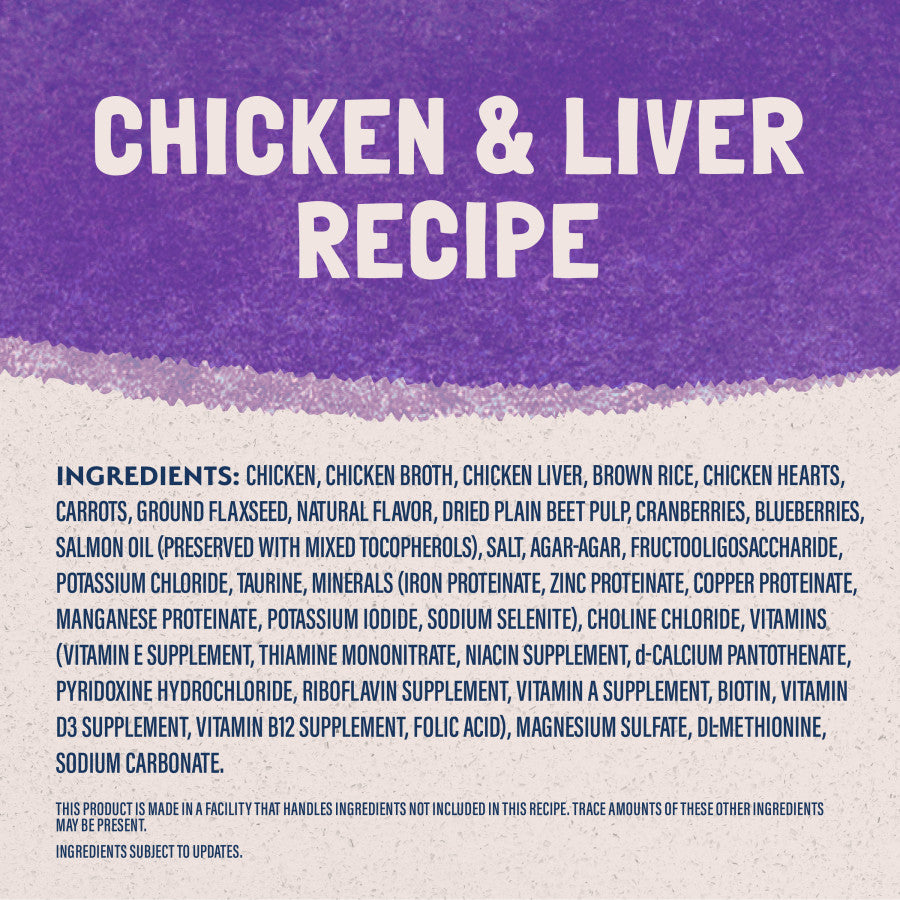 Ingredient list for Natural Balance Ultra Premium Wet Cat Food Chicken & Liver Recipe featuring real chicken and liver.