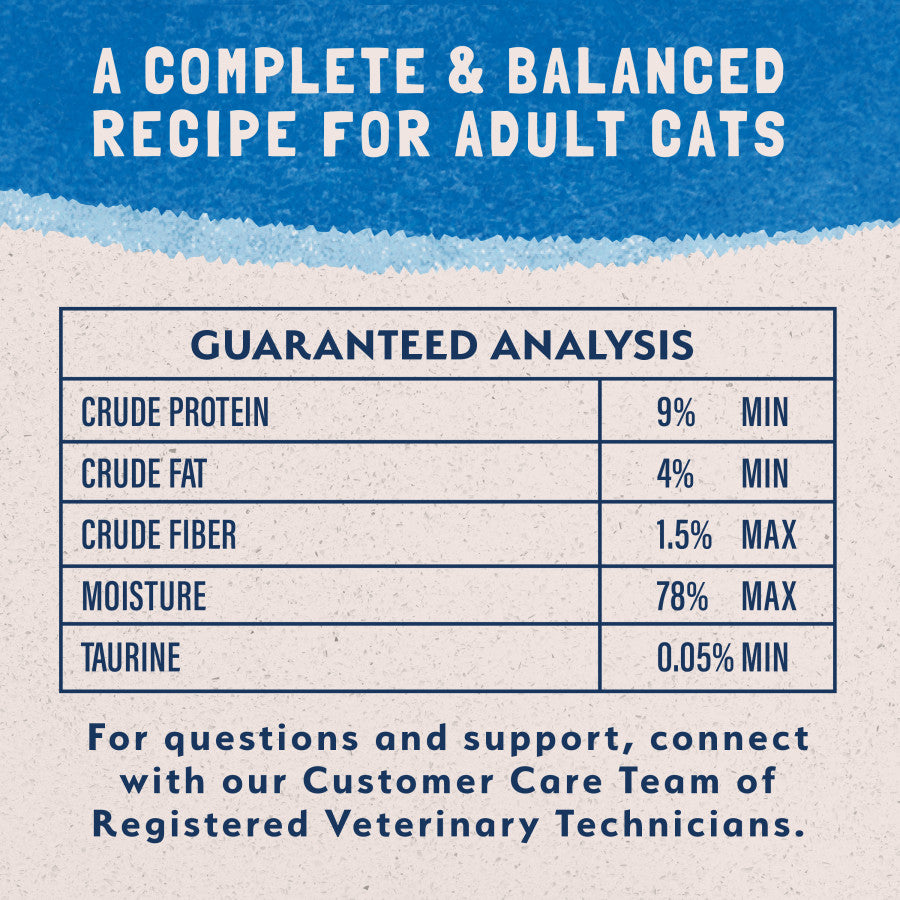 Guaranteed analysis chart for Natural Balance adult wet cat food showing protein, fat, fiber, and moisture percentages.