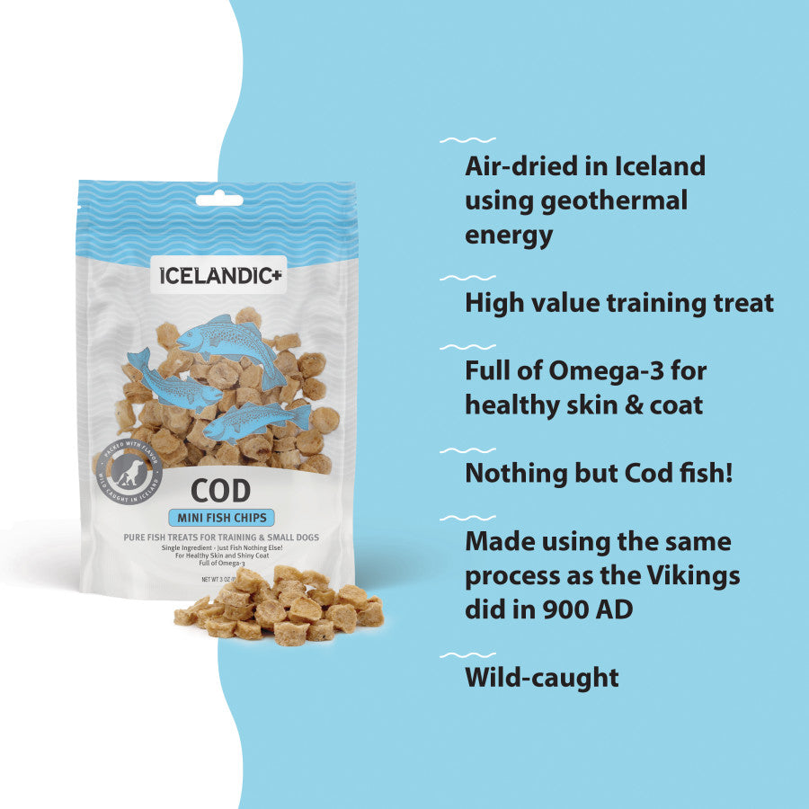 Icelandic+ Mini Fish Chips Cod dog treats bag with product benefits listed on a blue background.