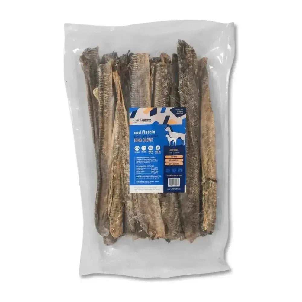 Momentum Carnivore Nutrition long Icelandic cod flattie dog chews in clear packaging for dental health and skin care.