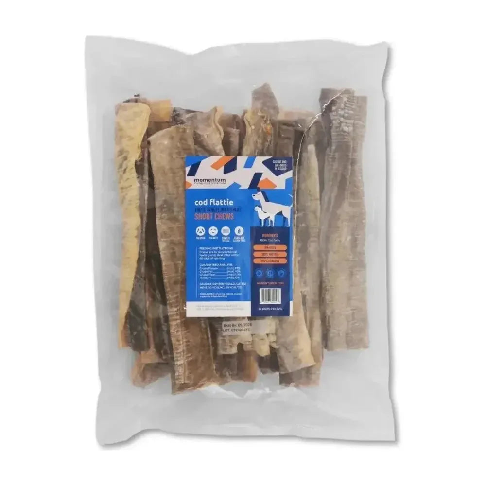 Momentum Carnivore Nutrition Cod Flattie Short Chews in clear bag, 25 count, for dogs, with nutrition label