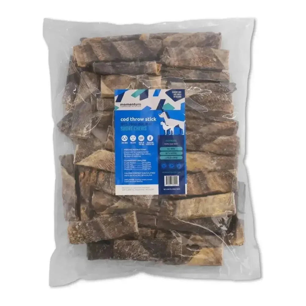 Momentum Carnivore Nutrition Cod Throw Stick Dog Chews in a clear 50-unit bag featuring wild-caught, single-ingredient fish.