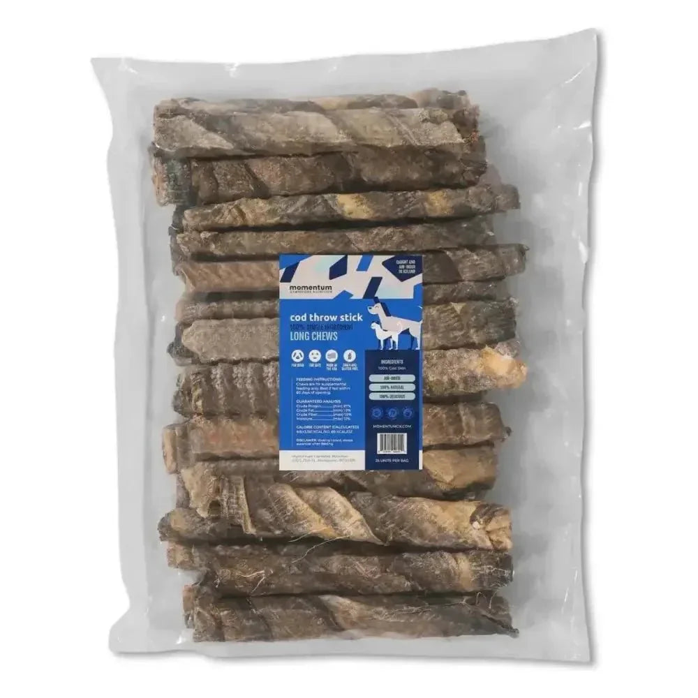 Momentum Carnivore Nutrition wild-caught cod throw stick dog chews in a clear bag with blue label and natural textures.