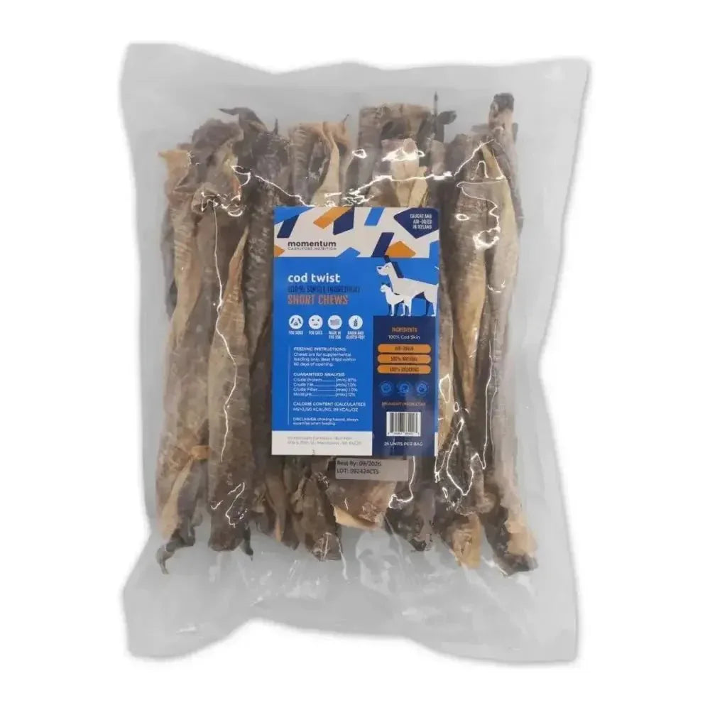 Momentum Carnivore Nutrition Cod Twist Dog Chews - Bulk bag of single-ingredient air-dried dental cod skin treats.