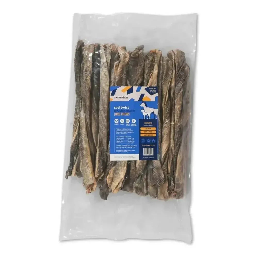 Momentum Carnivore Nutrition Cod Twist Dog Chews in a 25-unit bag of long, single-ingredient natural fish skin treats.