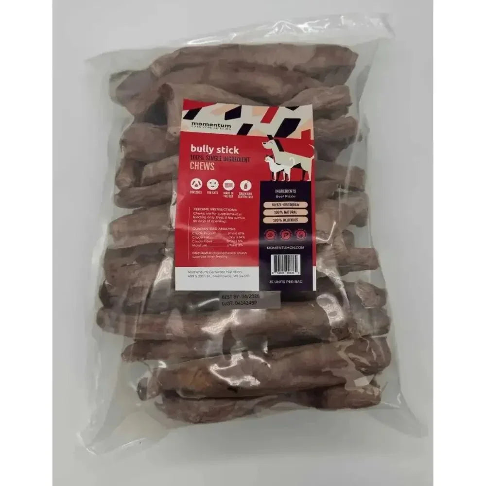 Momentum Carnivore Nutrition 35ct bag of freeze-dried beef bully sticks for dogs, natural single-ingredient protein chews.
