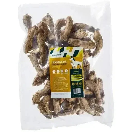 Momentum Carnivore Nutrition 46ct bag of freeze-dried chicken neck dog chews on a white background.