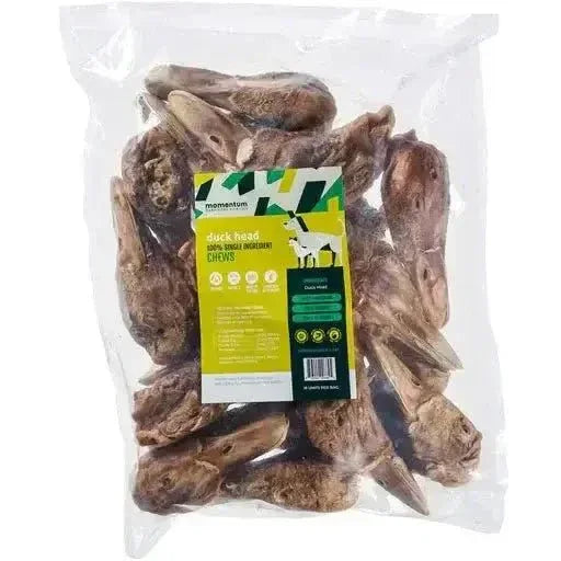 18ct Momentum Carnivore Nutrition single-ingredient freeze-dried duck head dog chews in a clear resealable bag.