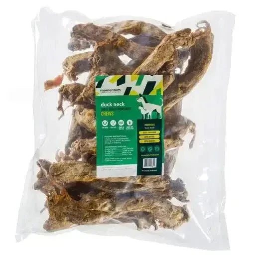 Bag of Momentum Carnivore Nutrition Freeze-Dried Duck Neck Dog Chews, 18ct, all-natural raw pet treats.