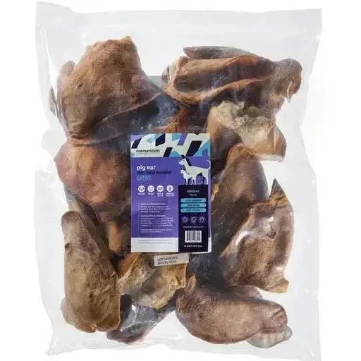 Momentum Carnivore Nutrition Freeze-Dried Pig Ear Dog Chews 18-count bag of single-ingredient natural canine treats.