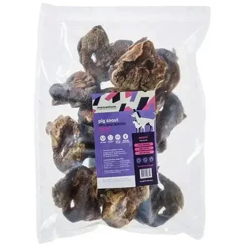 Momentum Carnivore Nutrition 14ct Freeze-Dried Pig Snouts, single-ingredient natural dental dog chews in clear packaging.