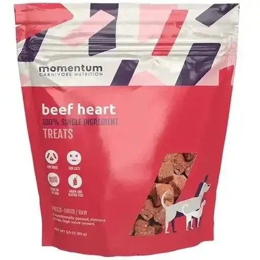 Momentum 3oz Freeze Dried Raw Beef Heart Dog and Cat Treats, 100% Single Ingredient Grain-Free Bag.