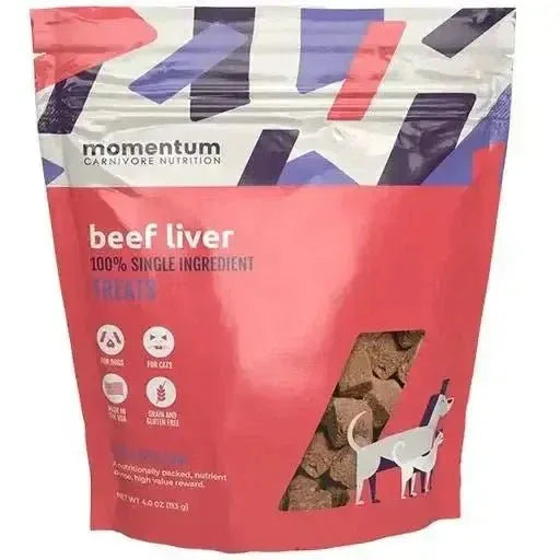 Momentum Carnivore Nutrition 4oz bag of freeze-dried raw beef liver treats for dogs and cats on a white background.