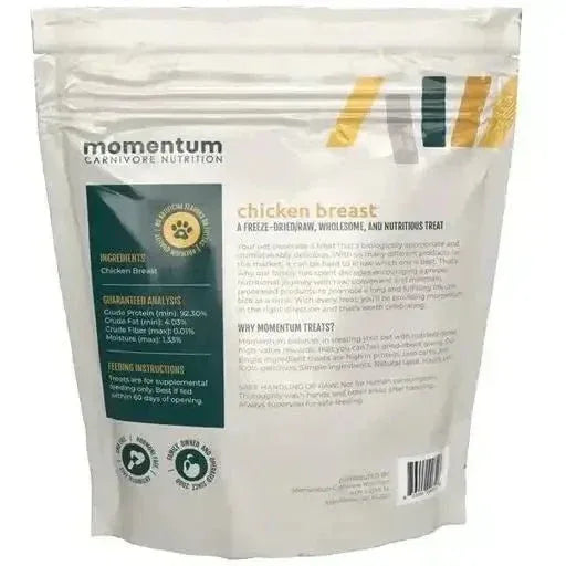 Back of Momentum Carnivore Nutrition Freeze Dried Raw Chicken Breast bag showing ingredients and nutritional analysis.