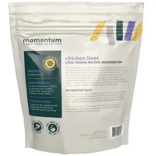 Back view of Momentum Carnivore Nutrition Chicken Liver Dog Treats bag showing guaranteed analysis and feeding guide.