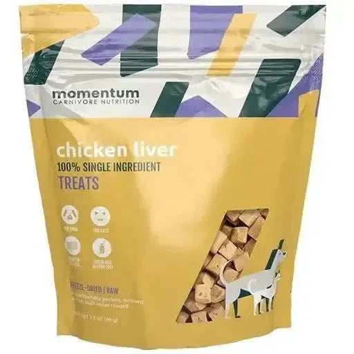 Momentum Carnivore Nutrition freeze dried chicken liver dog treats in a 3.5oz bag with visible cube-shaped snacks.