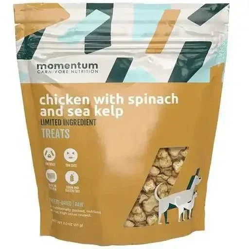 Momentum Freeze Dried Chicken, Spinach, and Sea Kelp Grain-Free Raw Dog and Cat Treats in a 3oz resealable bag.
