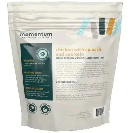 Back view of Momentum freeze-dried raw chicken dog and cat treats with spinach and sea kelp showing nutrition info.