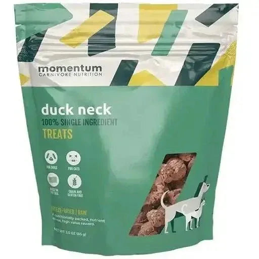 Momentum Carnivore Nutrition Freeze Dried Raw Duck Neck Treats for Dogs and Cats, 3oz Bag with Single Ingredient Window