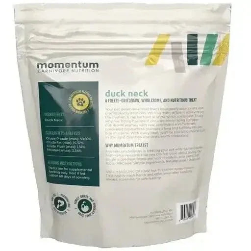 Momentum Carnivore Nutrition Freeze Dried Raw Duck Necks back of packaging with ingredients and guaranteed analysis.