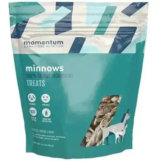 Momentum Carnivore Nutrition Freeze-Dried Raw Minnows, 2oz bag of grain-free natural dog and cat treats.