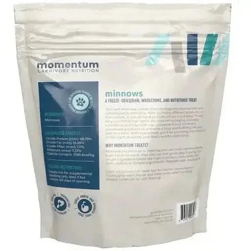 Back view of Momentum Carnivore Nutrition Freeze Dried Minnows bag showing ingredients and guaranteed analysis info.