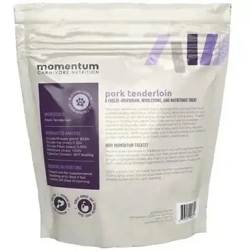 Back of Momentum Carnivore Nutrition Pork Tenderloin Dog Treats bag showing ingredients and nutritional analysis.