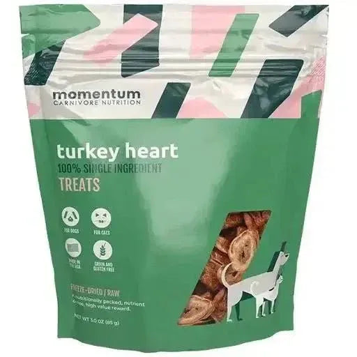 Momentum Carnivore Nutrition Freeze-Dried Raw Turkey Heart Treats, 3oz bag of single-ingredient pet snacks.