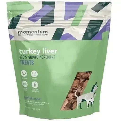 Momentum Carnivore Nutrition 3.5oz bag of freeze-dried raw turkey liver dog treats showing a clear window of treat texture.