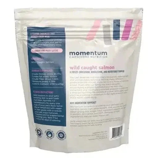 Back of Momentum Wild Caught Salmon Topper bag showing guaranteed analysis and feeding instructions for dogs and cats.