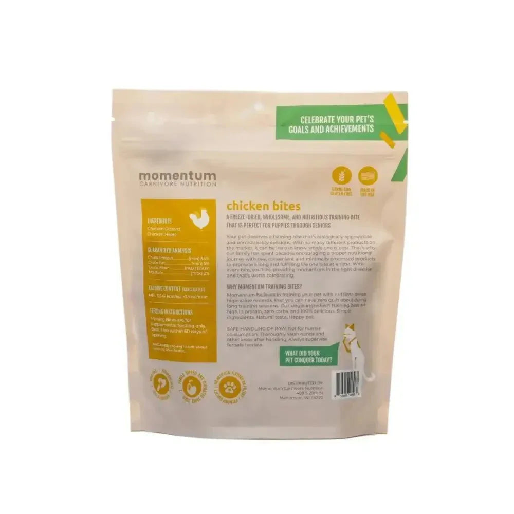 Back of Momentum Carnivore Nutrition Chicken Training Bites bag showing ingredients and grain-free nutrition facts.