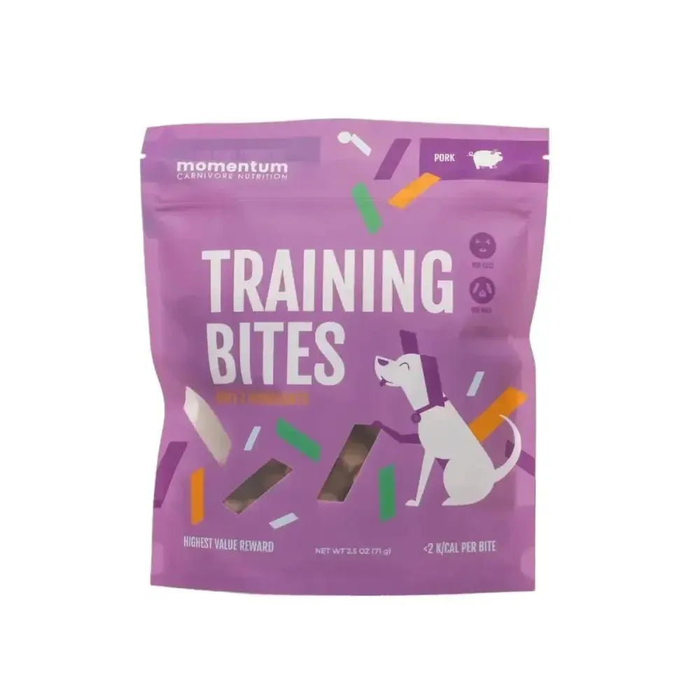Momentum Carnivore Nutrition Pork Training Bites for Dogs, 2.5oz bag of freeze-dried, grain-free healthy pet rewards.