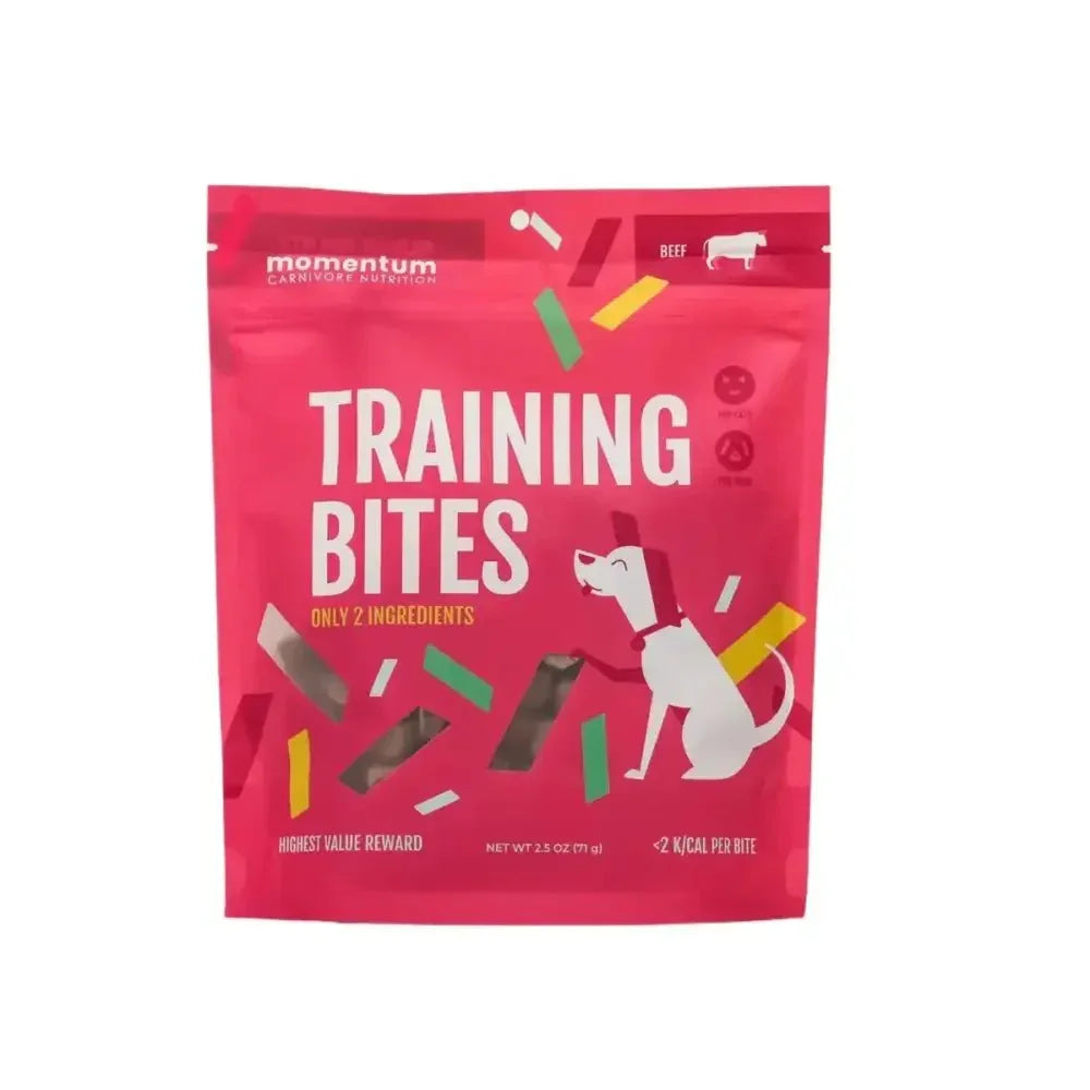 Momentum Carnivore Nutrition Beef Training Bites for Dogs, 2.5oz bag of freeze-dried grain-free natural dog treats.