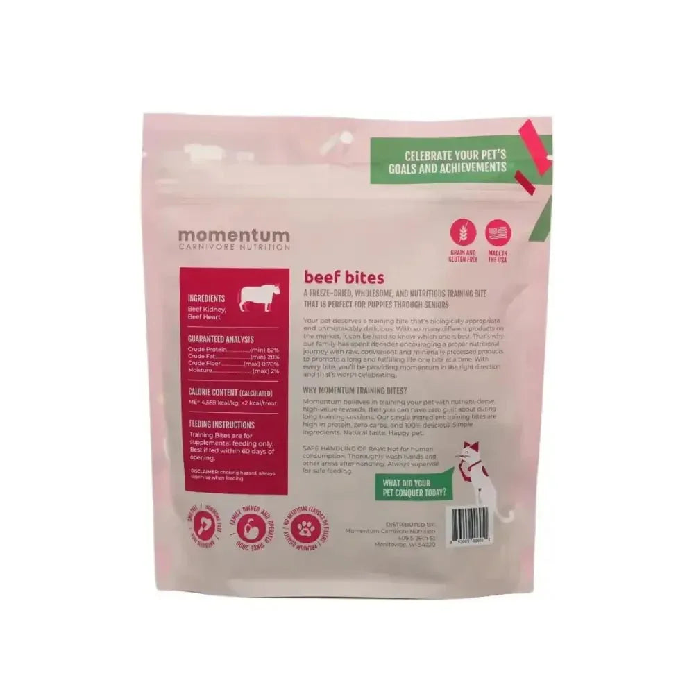 Back of Momentum Beef Bites bag showing single-ingredient beef kidney and heart facts for freeze-dried dog training treats.