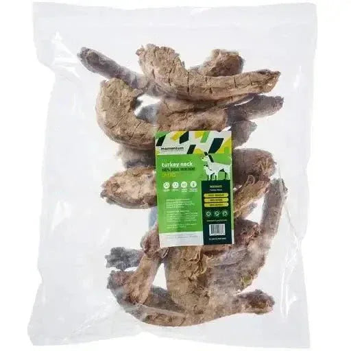 Momentum Carnivore Nutrition 12ct freeze-dried turkey neck dog chews in a clear bag for natural dental health.