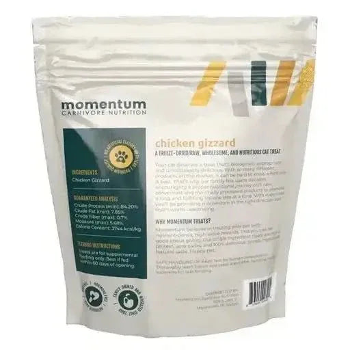 Back of Momentum Chicken Gizzard Freeze Dried Cat Treats bag showing ingredients and guaranteed nutritional analysis.