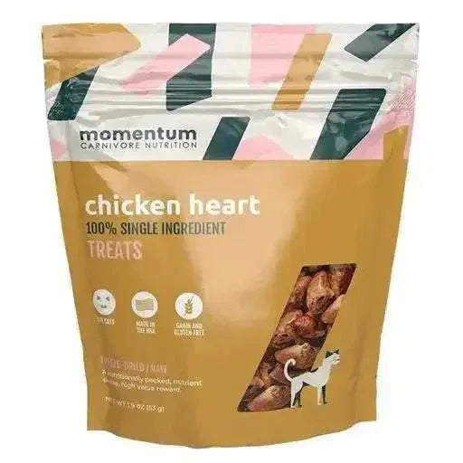 Momentum 1.9oz bag of freeze-dried raw chicken heart cat treats, 100% single ingredient and USA sourced.